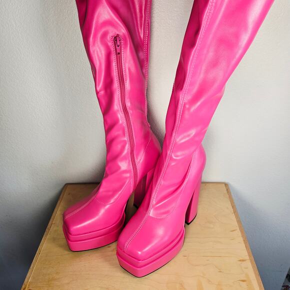 Size 8 Faux Leather Platform Thigh High Sock Boots – Hot Pink (NIB) - Picture 2 of 4